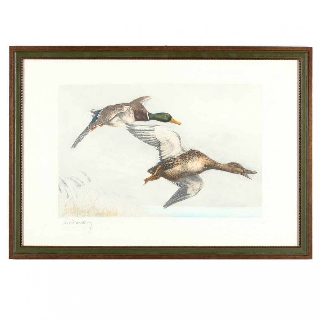 Leon Danchin (French, 1887-1939), Two Ducks in Flight: etching in colors, signed and numbered 269/500 in pencil lower margin, framed. DOA 23 5/8 x 33 5/8 in.