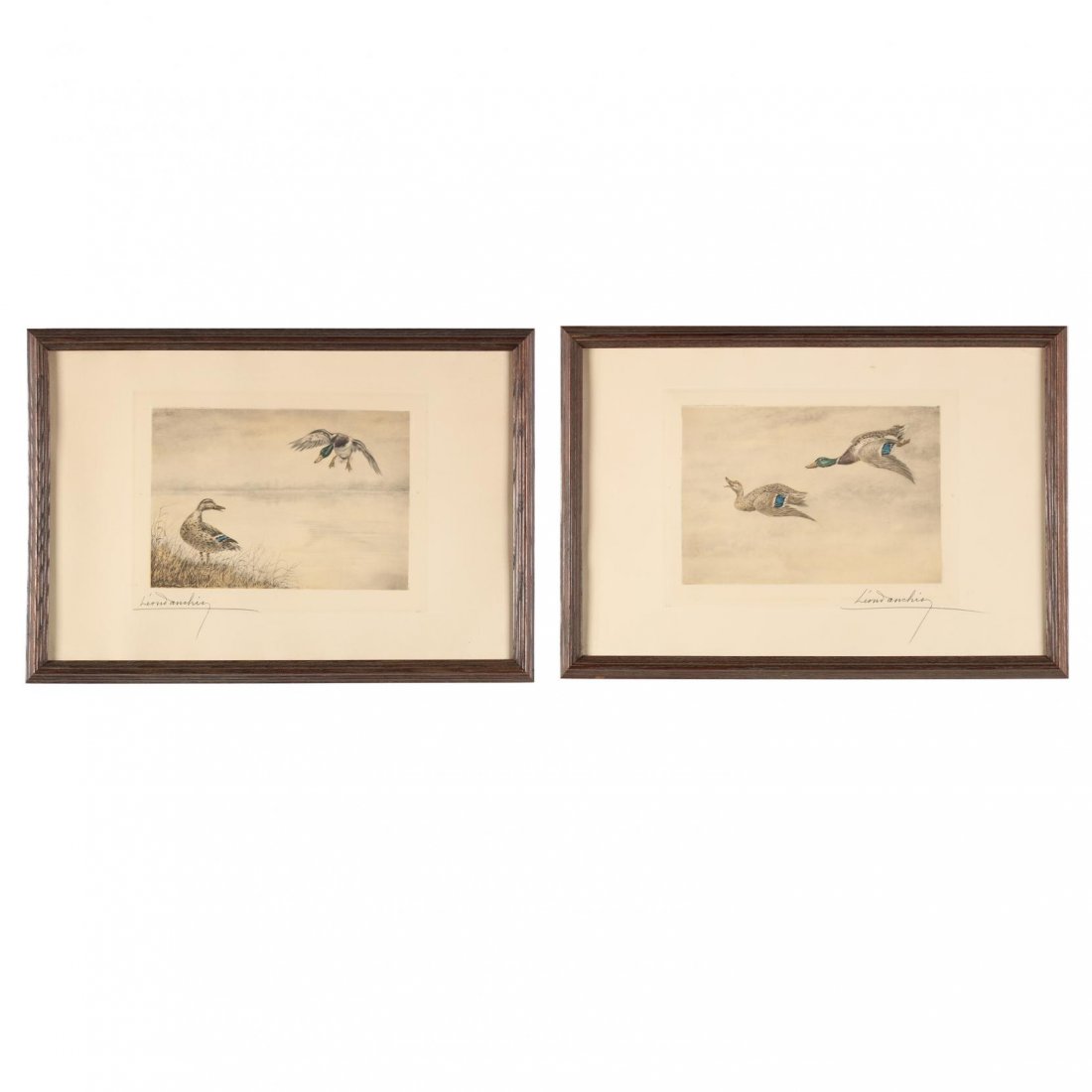 Leon Danchin (French, 1887-1939), Pair of Prints with: etching and aquatint, each signed and numbered in pencil, with copyright information printed upper left, presented in uniform wooden frames. DOA 17 3/4 x 23 7/8 in.