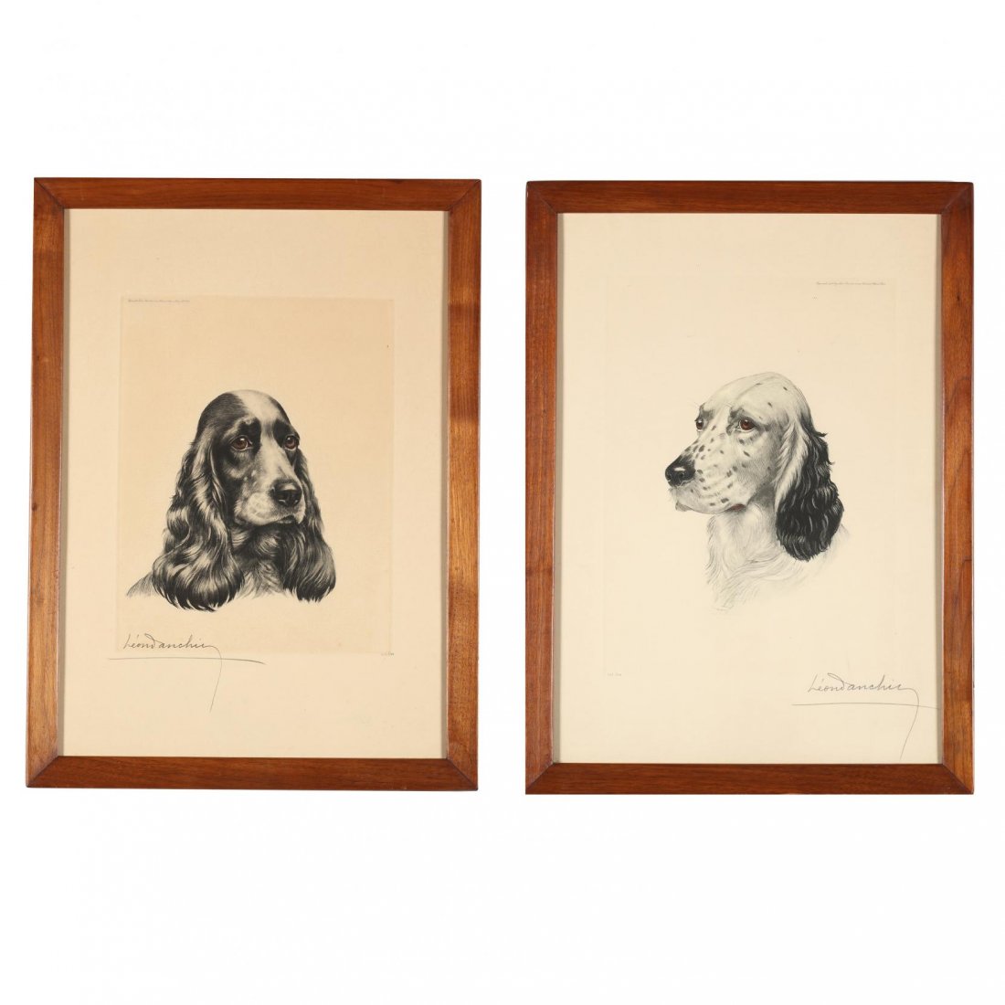 Leon Danchin (French, 1887-1939), Pair of Dog Portraits: etching and aquatint with hand-colored highlights, to include a setter and a spaniel, each signed and numbered in pencil, with printed copyright information, presented in uniform wooden frames. DOA 22
