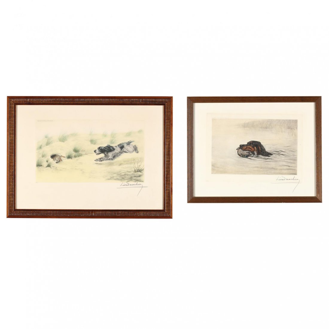 Leon Danchin (French, 1887-1939), Pair of Sporting: etching and aquatint, to include "Gordon Setter with Duck" and "Spaniel Chasing a Rabbit," signed and numbered in pencil, with copyright information printed upper left, matted and presented in wooden