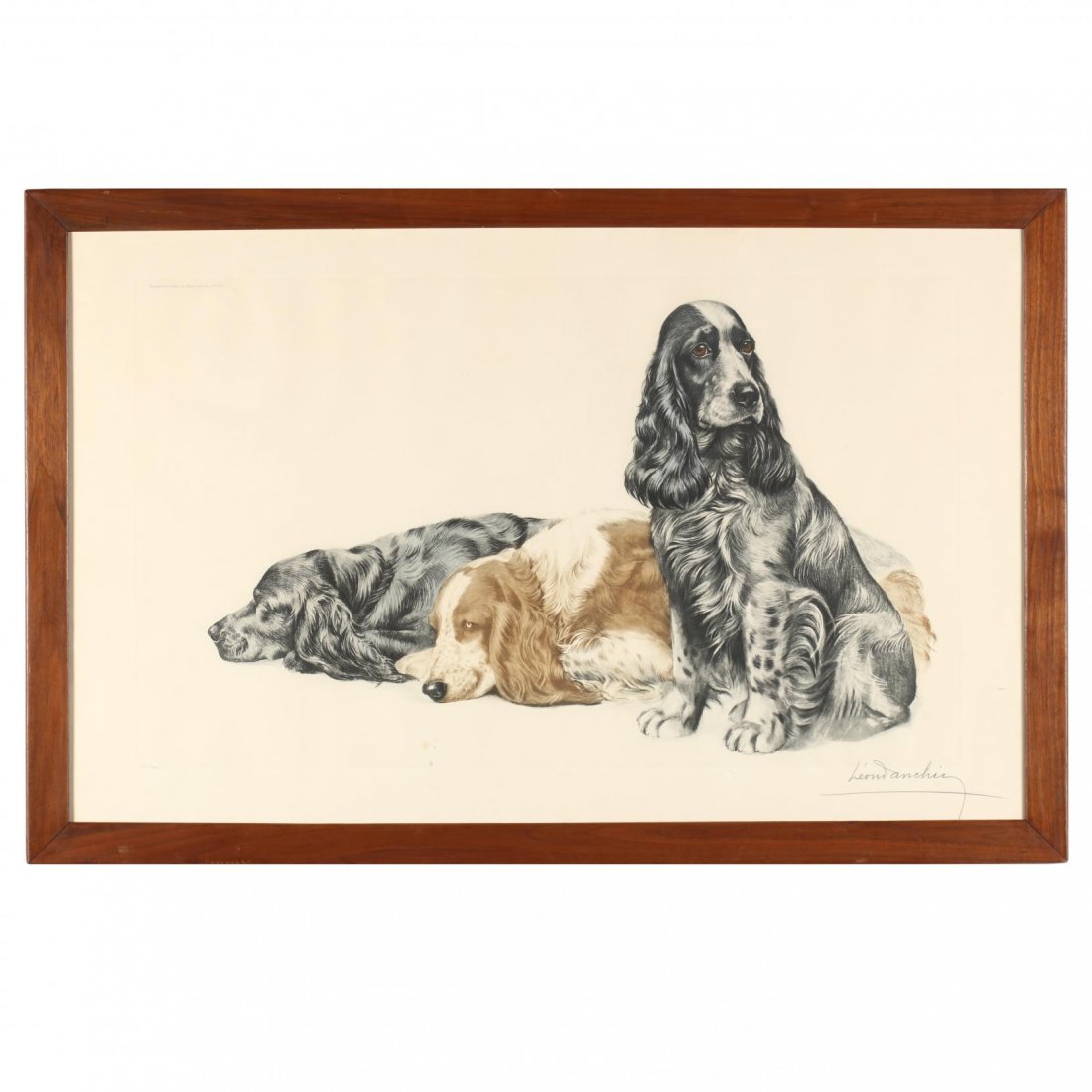 Leon Danchin (French, 1887-1939), Three Cocker Spaniels: etching and aquatint, signed and numbered 105/500 in pencil, with copyright information printed upper left, presented in wooden frame. DOA 26 3/4 x 41 in.