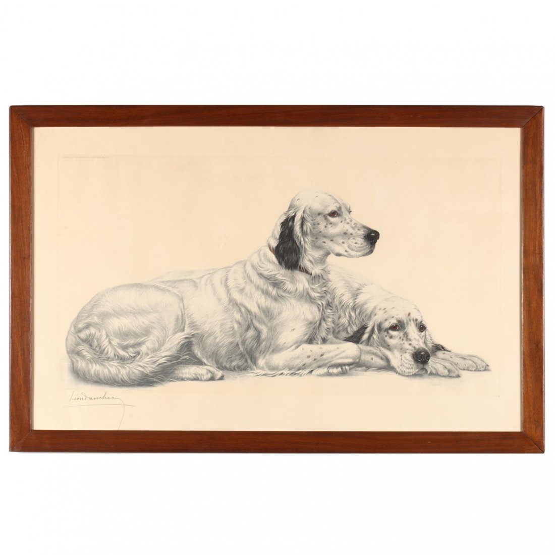 Leon Danchin (French, 1887-1939), Setters Resting: etching and aquatint with hand-colored highlights, signed and numbered 193/500 in pencil, presented in wooden frame. DOA 26 3/4 x 41 1/4 in.