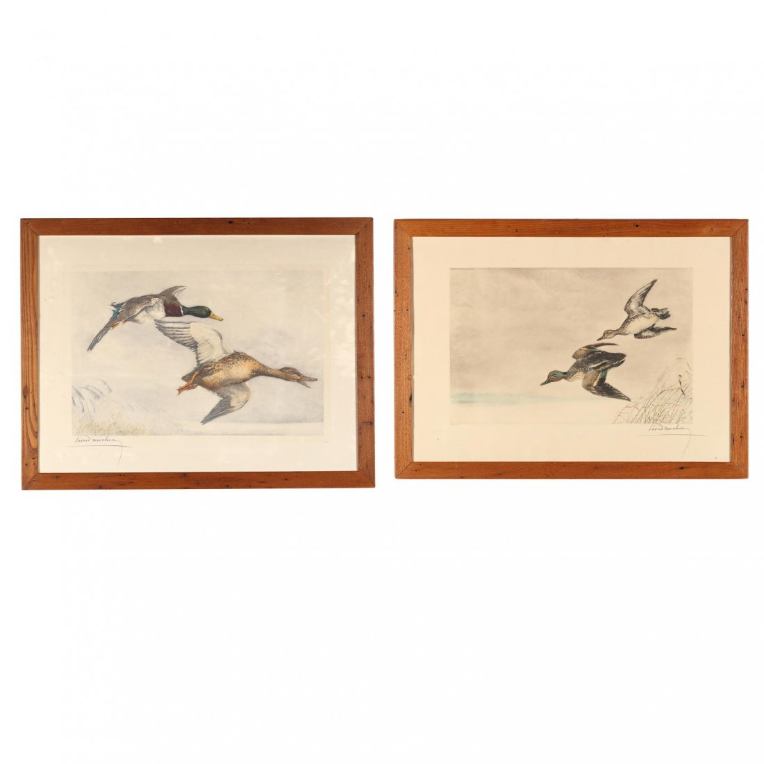 Leon Danchin (French, 1887-1939), Pair of Prints with: etching and aquatint with hand-colored highlights, each signed and numbered in pencil, with copyright information upper left, one with visible Rives watermark, presented in uniform wooden frames. DOA