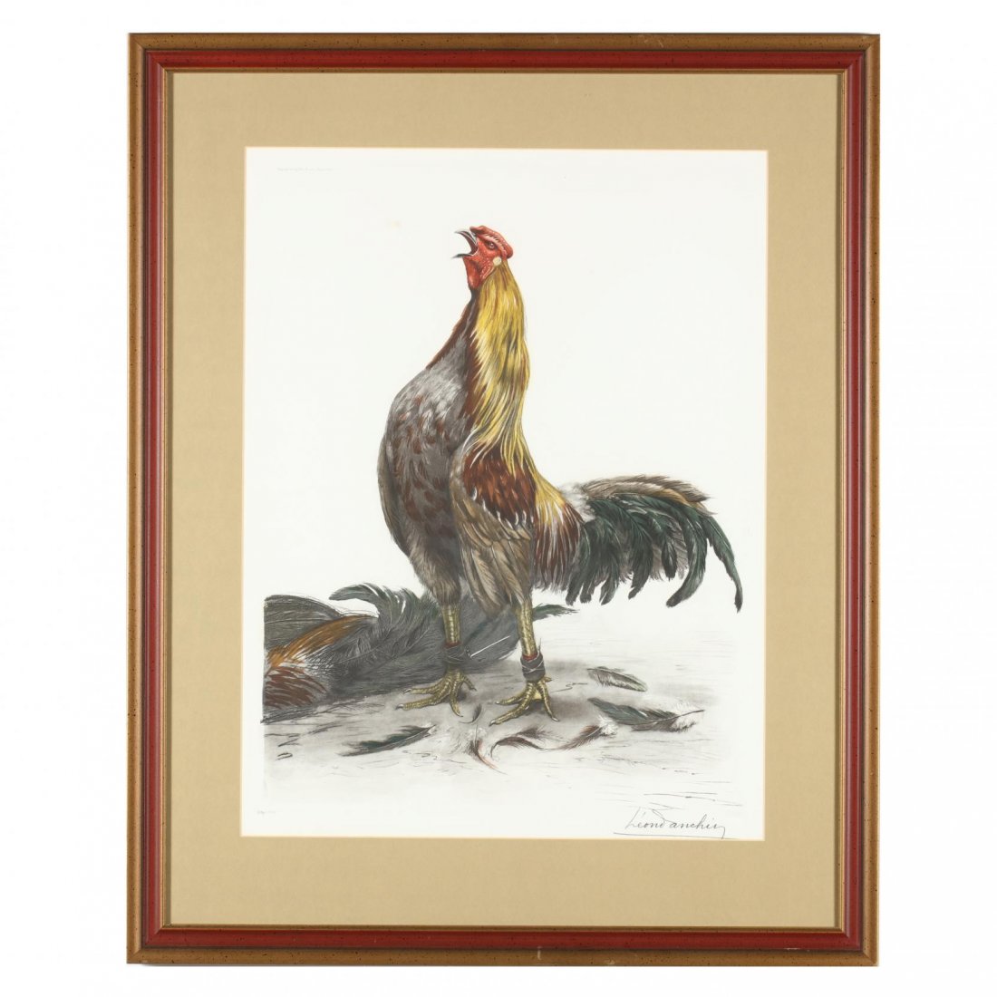 Leon Danchin (French, 1887-1939), Rooster: etching and aquatint, signed and numbered 374/500 (likely in pencil), copyright information printed upper left, matted and presented in painted wooden frame. DOA 35 x 28 1/4 in.