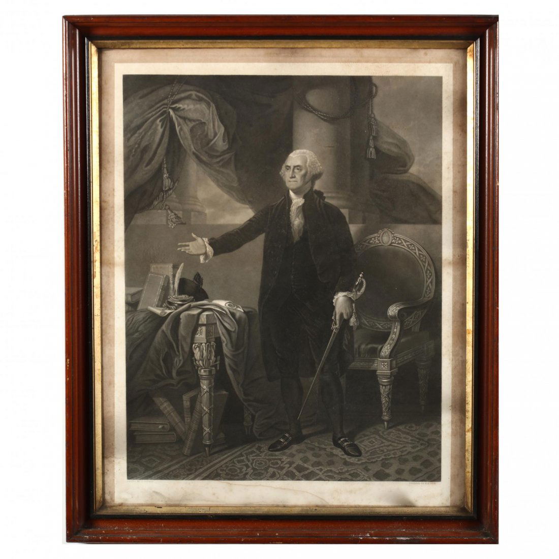 Large Print of Washington after Gilbert Stuart: 19th century, presented in a shadowbox frame under glass. DOA 34 x 28 in.