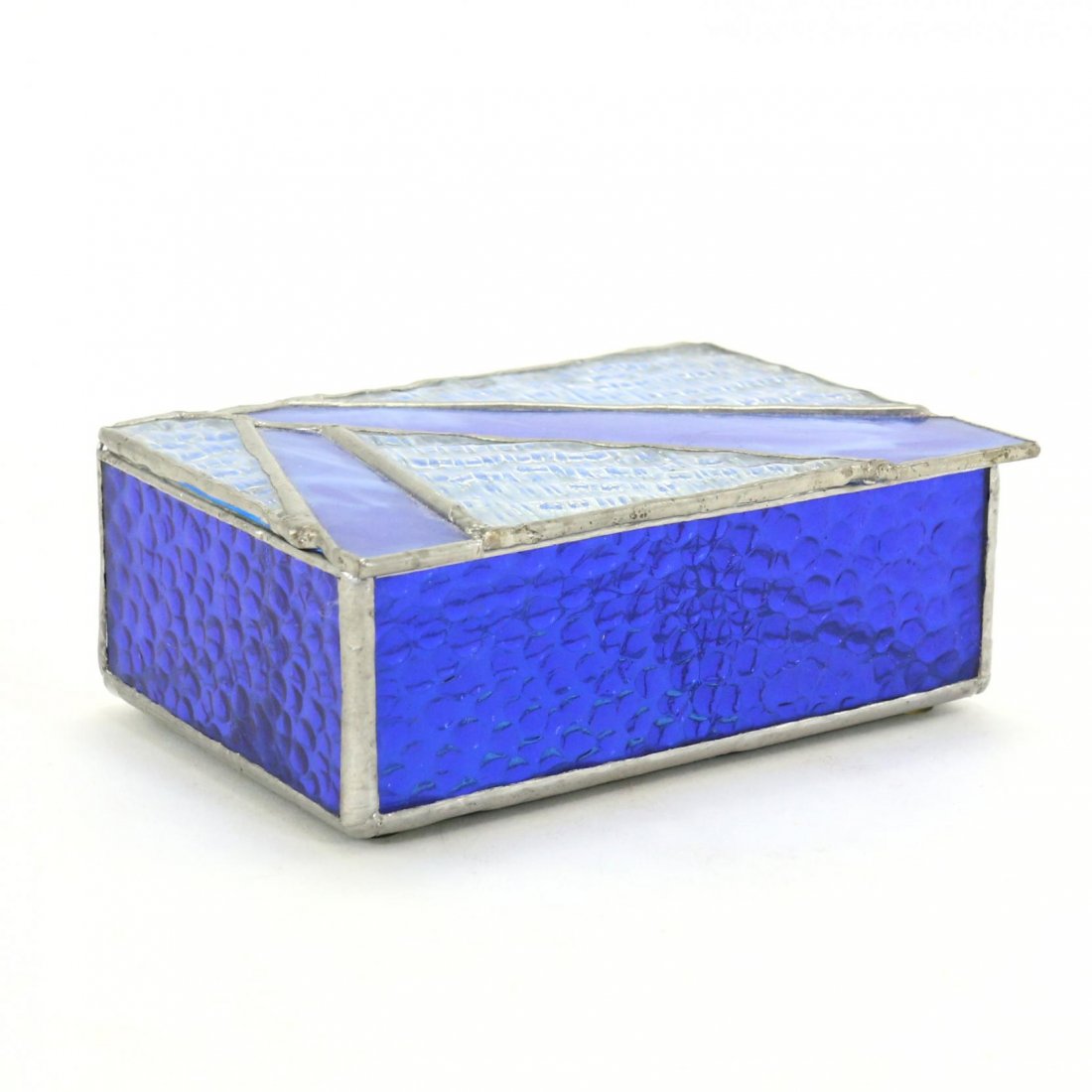 Modernist Glass Jewelry Box: cobalt and clear texturized glass with hinged lid. 2.5 x 6.5 x 4.5 in.