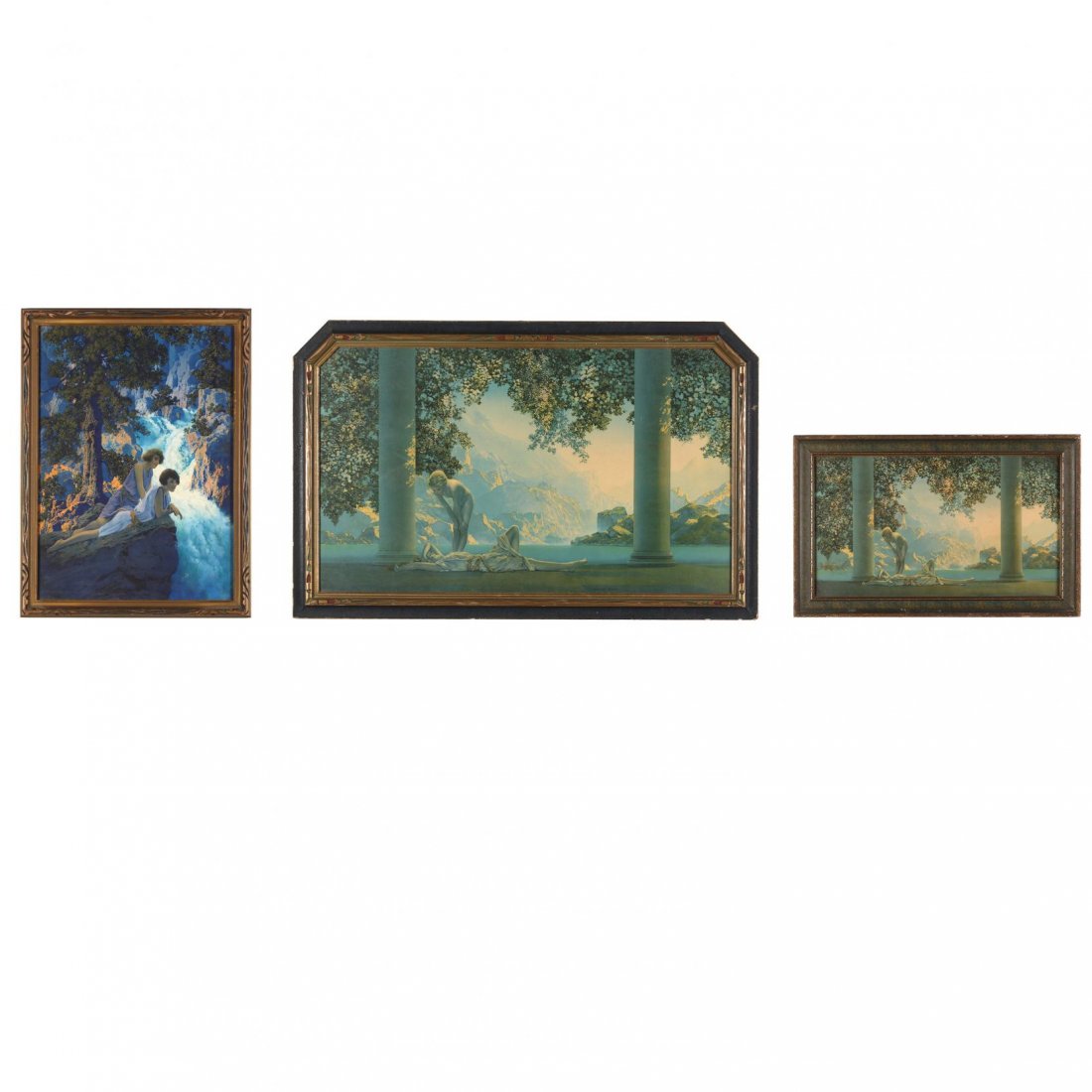 Three Framed Prints after Maxfield Parrish Paintings: to include two prints after Parrish's "Daybreak" (different sizes) and one after his "The Waterfall," framed. DOA 21 1/2 x 33 5/8 in. (largest horizontal)