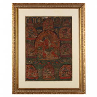 A Tibetan Bardo Thangka of Samantabhadra: 18th century, the three-headed red deity is trampling upon two demons lying on the lotus base, his primary hands embrace his consort in yabyum while holding the vajra and ghanta, the couple are encirc