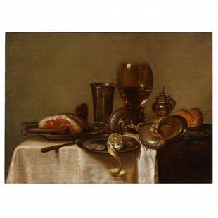 after Willem Claesz. Heda (Dutch, 1594-1680), Still: oil on cradled panel, unsigned, unframed. 21 x 28.75 in. Born in Haarlem, Heda joined the city's Guild of St. Luke in 1631. He is best known for still life paintings such as this example, known as "ba