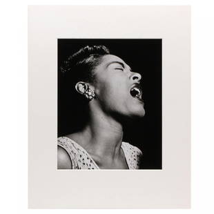 William Gottlieb (1917-2006), Billie Holiday #A: gelatin silver print, signed in ink on recto, the verso with his signature and title; also with his 1979 copyright hand stamp on verso, matted but unframed. Sheet 14 x 11 in. From the Collection of th