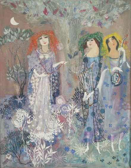 Gertrude Russel Barrer, (NY, 1921-1992), The Three: Gertrude Russel Barrer, (NY, 1921-1992), The Three Graces,mixed media on prepared board, the three graces stand beneath a tree in a moonlit landscape, signed LL "Barrer", Russel, who studied at the Ar