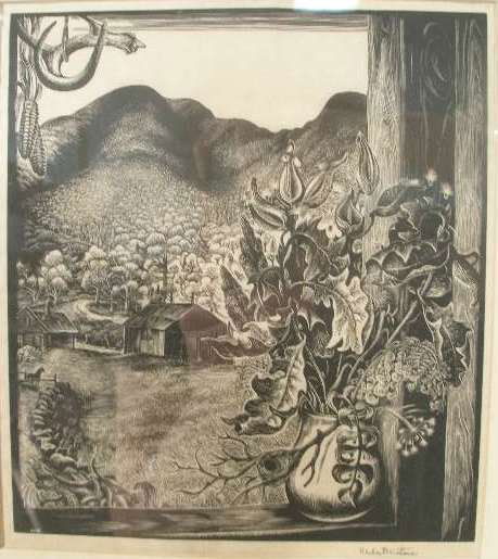 Herbert Ogden Waters, (NH, 1903-1996), Through the: Herbert Ogden Waters, (NH, 1903-1996), Through the Window, woodblock print, this finely detailed print showcases Waters' mastery of the wood engraving technique and his love of the NH Landscape, penci