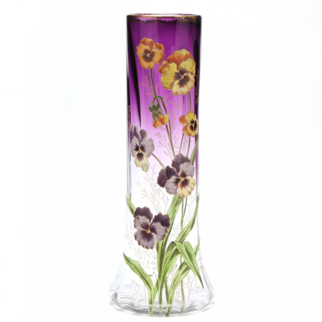 Mont Joye Amethyst Glass Vase: 19th century, hand painted enamel pansy decoration on an amethyst to clear glass vase, unsigned. 14 x 5 in. From the Collection of Dr. & Mrs. Richard Epes Sold at the direction of the court appointed