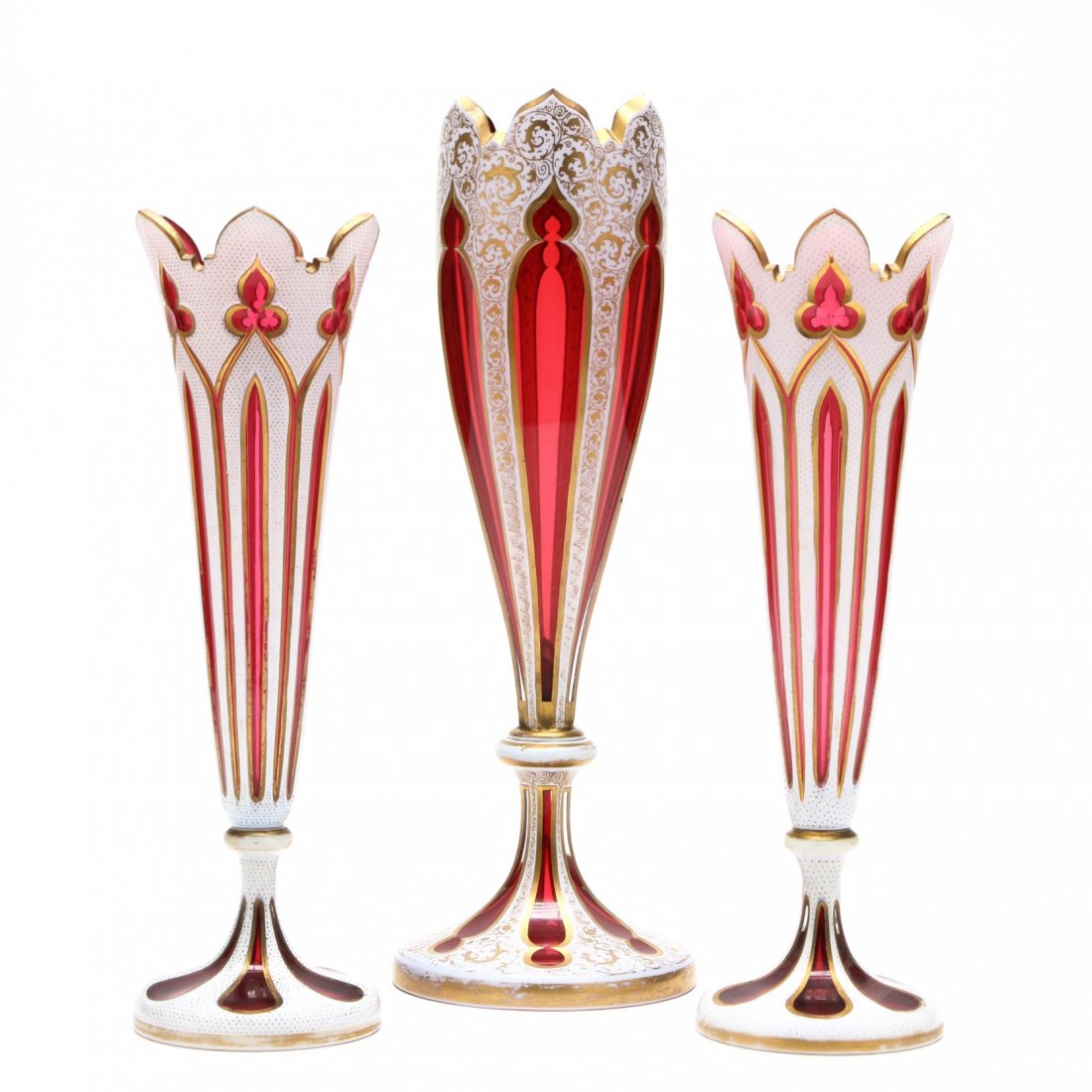 Three Bohemian Cut to Cranberry Glass Vases (1 of 5)