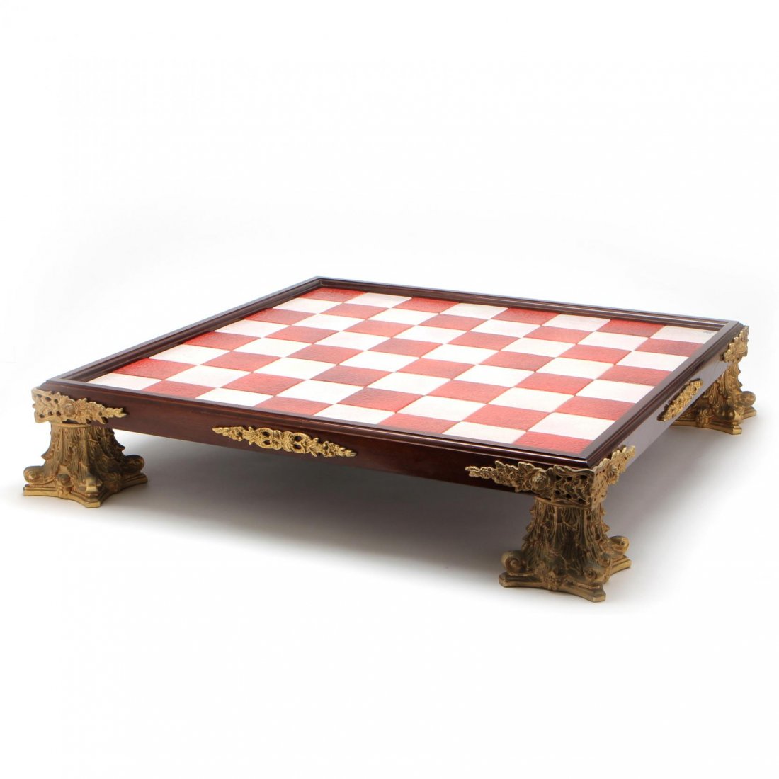 Ceramic Red and White Chessboard: a mahogany stained wooden chessboard with contrasting red and white inlaid ceramic squares, ormolu mounts and gilt Corinthian capital feet, possibly made by The Franklin Mint. 23.5 x 23.5 in. Elizabet
