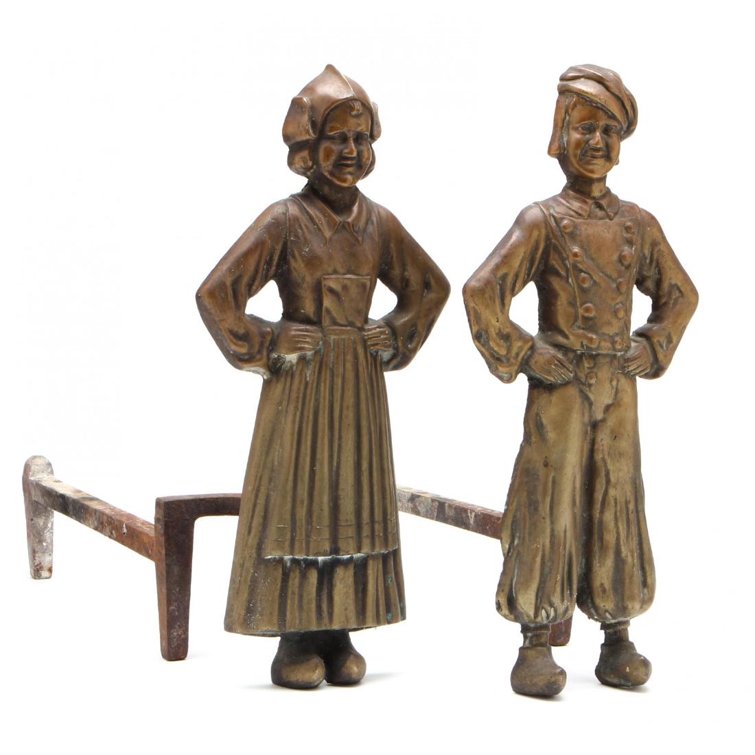 Pair of Vintage Figural Dutch Andirons: early 20th century, cast bronze, unmarked. 15.5 x 7 x 18 in.