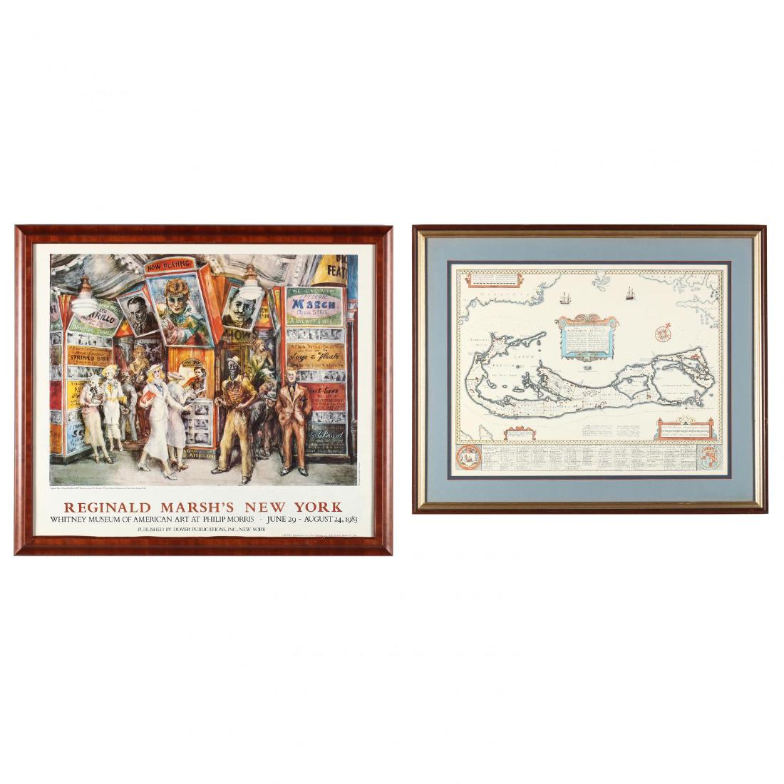 Two 20th-Century Prints: reproduction prints, to include a print after an original 17th-century map of Bermuda as well as an exhibition poster for Reginald Marsh at the Whitney Museum of Art, one matted, both framed. DOA 25 7