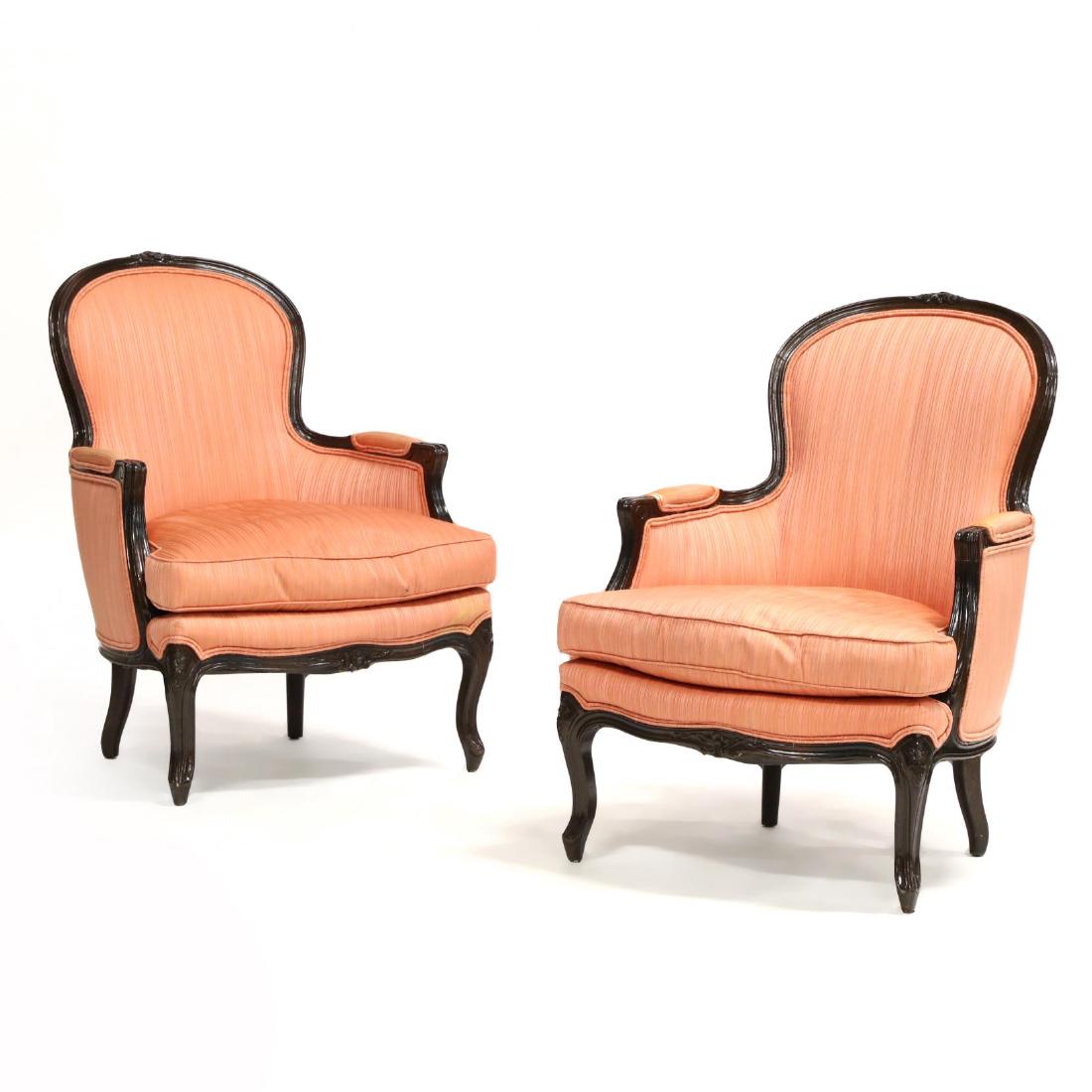 Henredon, Pair of Louis XV Style Bergeres: mid 20th century, mahogany, striped silk upholstery, labeled. 36 x 28 x 30 in. Margaret Fisher McIver Estate, Carrboro, NC. Additional high-resolution photos are available at LelandLittle.com