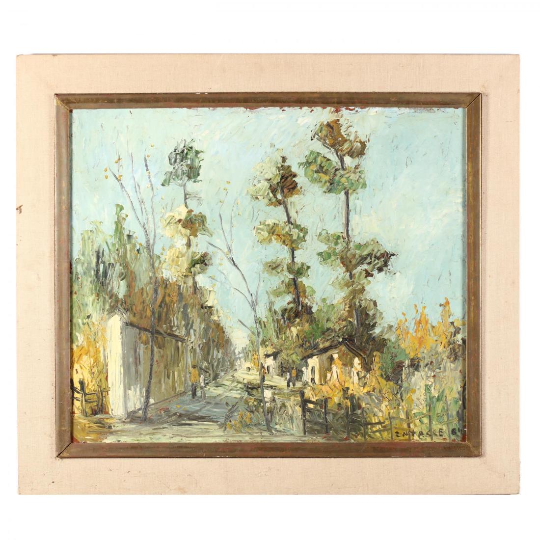Carlos Catasse (Chilean, 1944-2010), Village Scene: oil on board, 1964, signed and dated lower right, retains partial gallery label to backing, framed. DOA 31 x 35 1/2 in. Marcos, Santiago, ChileAdditional high-resolution photos are available at Leland