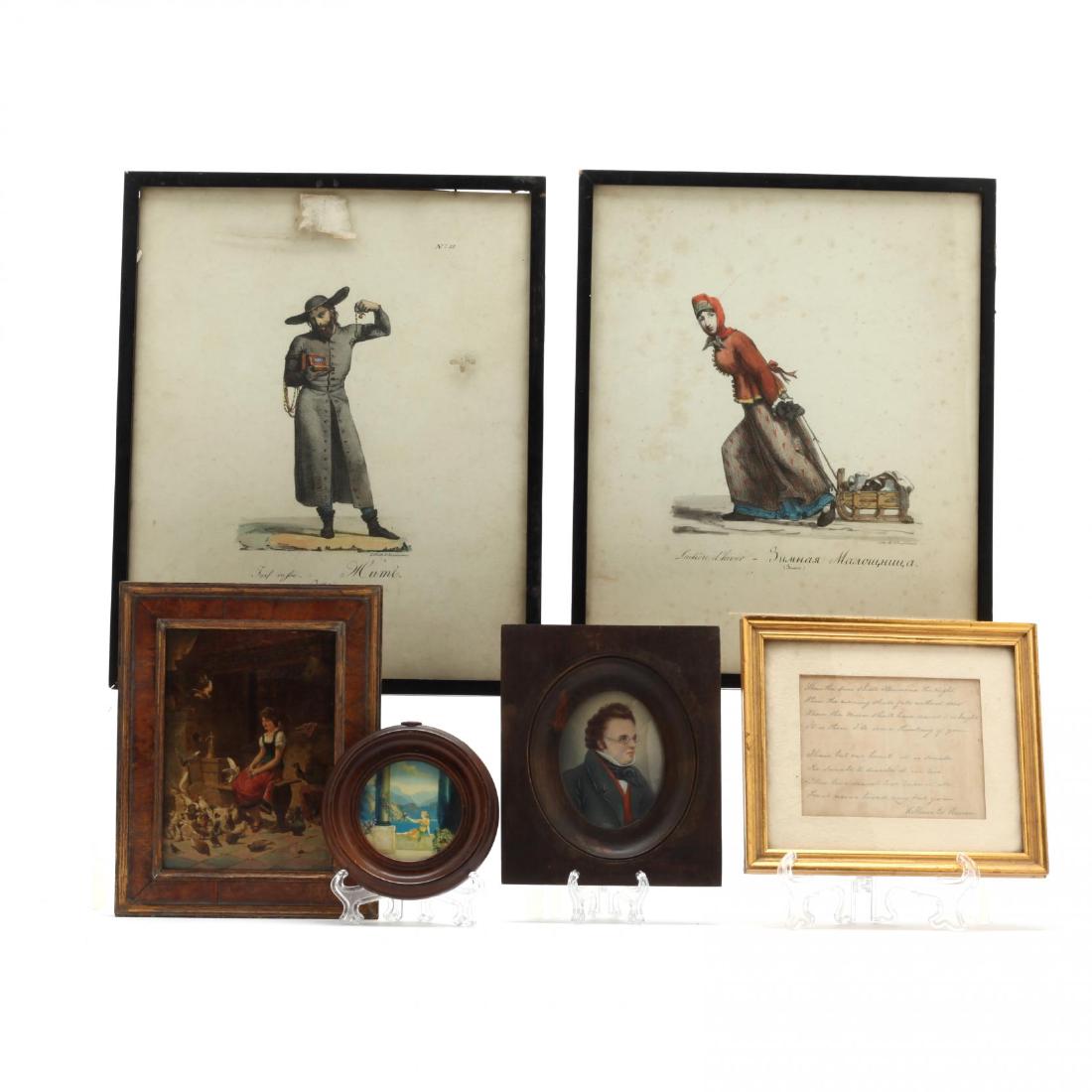 Six Framed Pictures: an antique hand-tinted print on panel, framed (DOA 7 5/8 x 6 in.); a framed Maxfield Parrish miniature print (4 in. diameter); a portrait miniature of a man with spectacles (6 x 5 in.); a hand-written