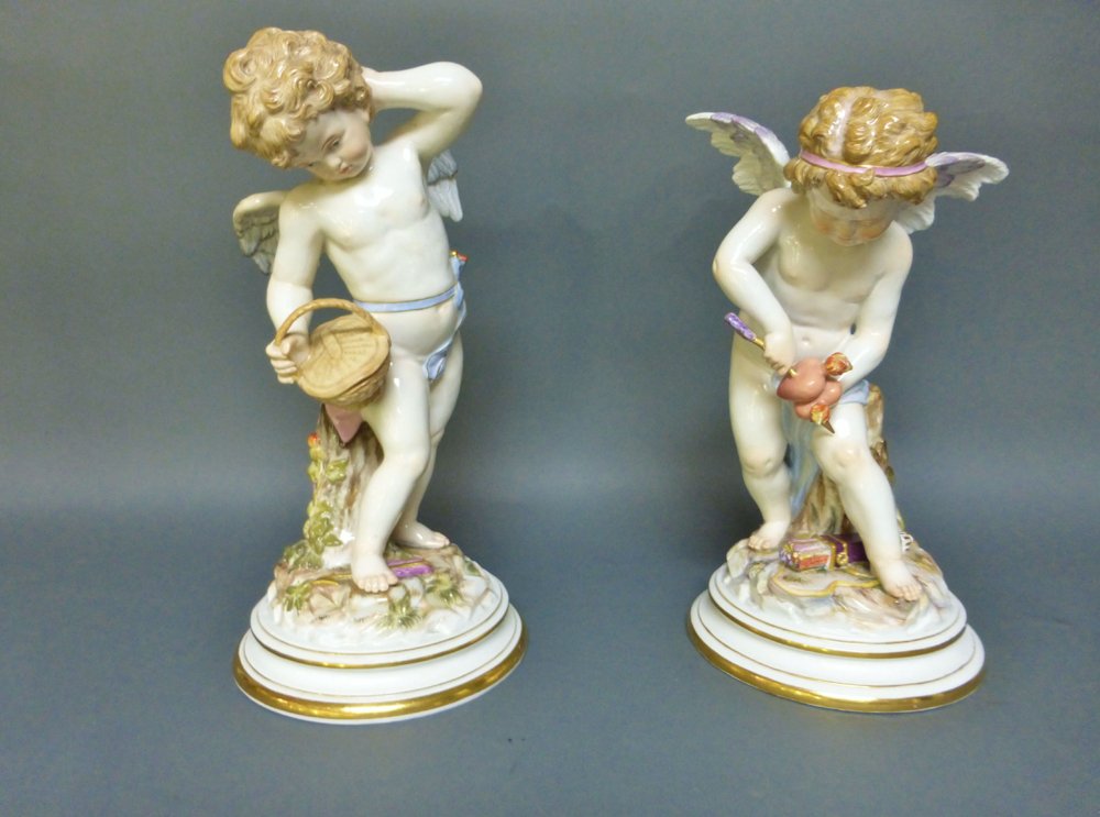 PAIR OF LARGE MEISSEN CHERUBS: Pair of large Meissen first quality Cherubs. Cross swords mark and Incised numbers 11.5" Height. Perfect condition. ESTIMATE $4,000-$5,000.