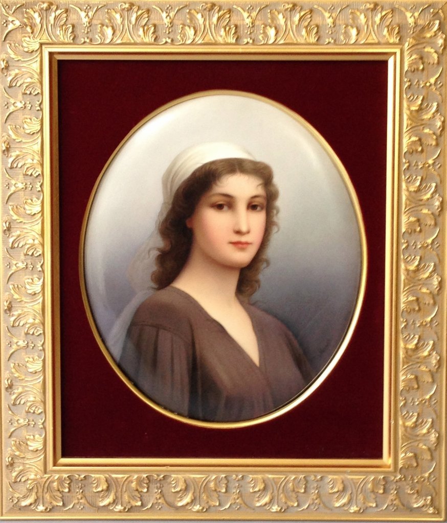 LARGE OVAL KPM PLAQUE: large 19th century oval Berlin KPM plaque depicting Ruth, artist signed, scepter and Berlin mark. Perfect condition, 13.5"h x 10.5"L ,estimate $6000.00-7000.00