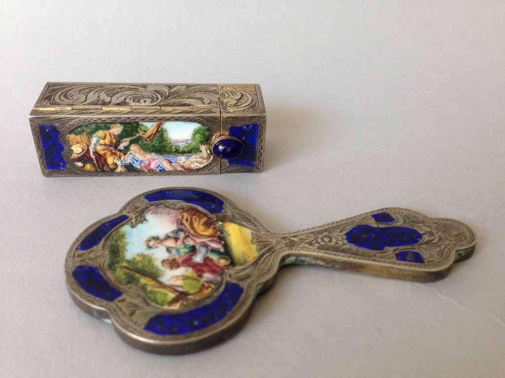 ITALIAN ENAMEL ON SILVER MIRROR AND LIPSTICK HOLDER: Estimated $200-300.