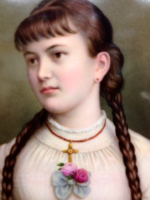 BERLIN KPM PLAQUE: Large 19th century Berlin KPM plaque of a maiden, 12\" x 8.5\" porcelain only, total measurement 18\" x 16\" including frame, artist signed, with incised scepter and KPM marks\r\nEstimate $5500-6000