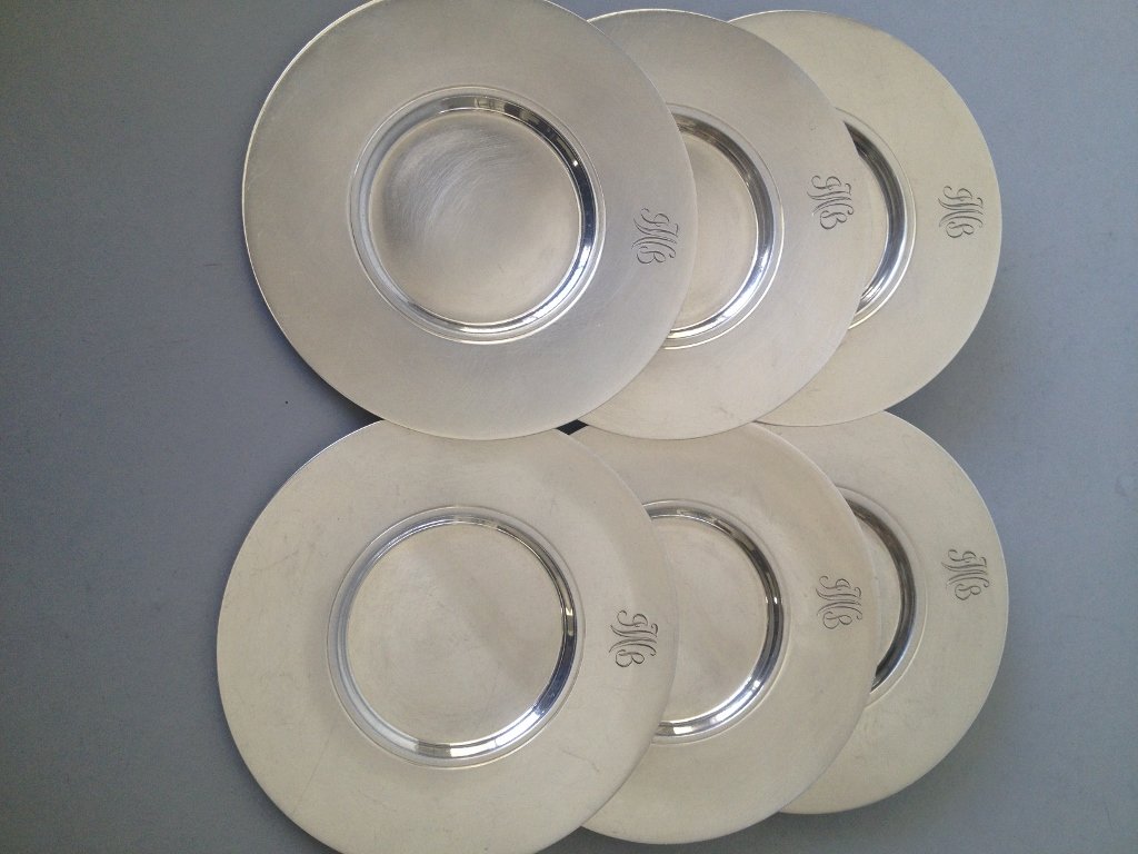 TIFFANY STERLING SILVER COASTERS: Set of 6 Tiffany strerling silver coasters, all marked, 4.75" diameter, 656 grams weight Tiffany and co. $600-700