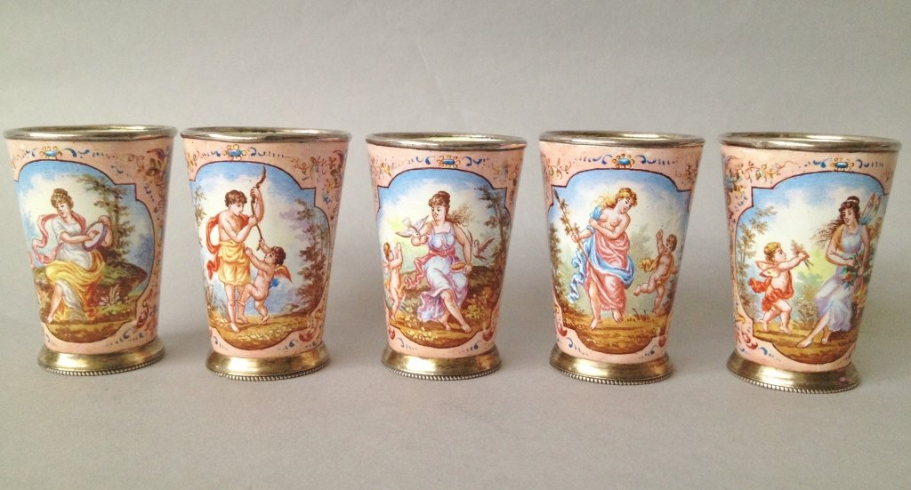 5 VIENNESE ENAMEL AND SILVER SHOT GLASSES: Set of 5 Viennese enamel and silver shot glasses, marked with silver and makers marks. 2" h. Estimate $1200-1500