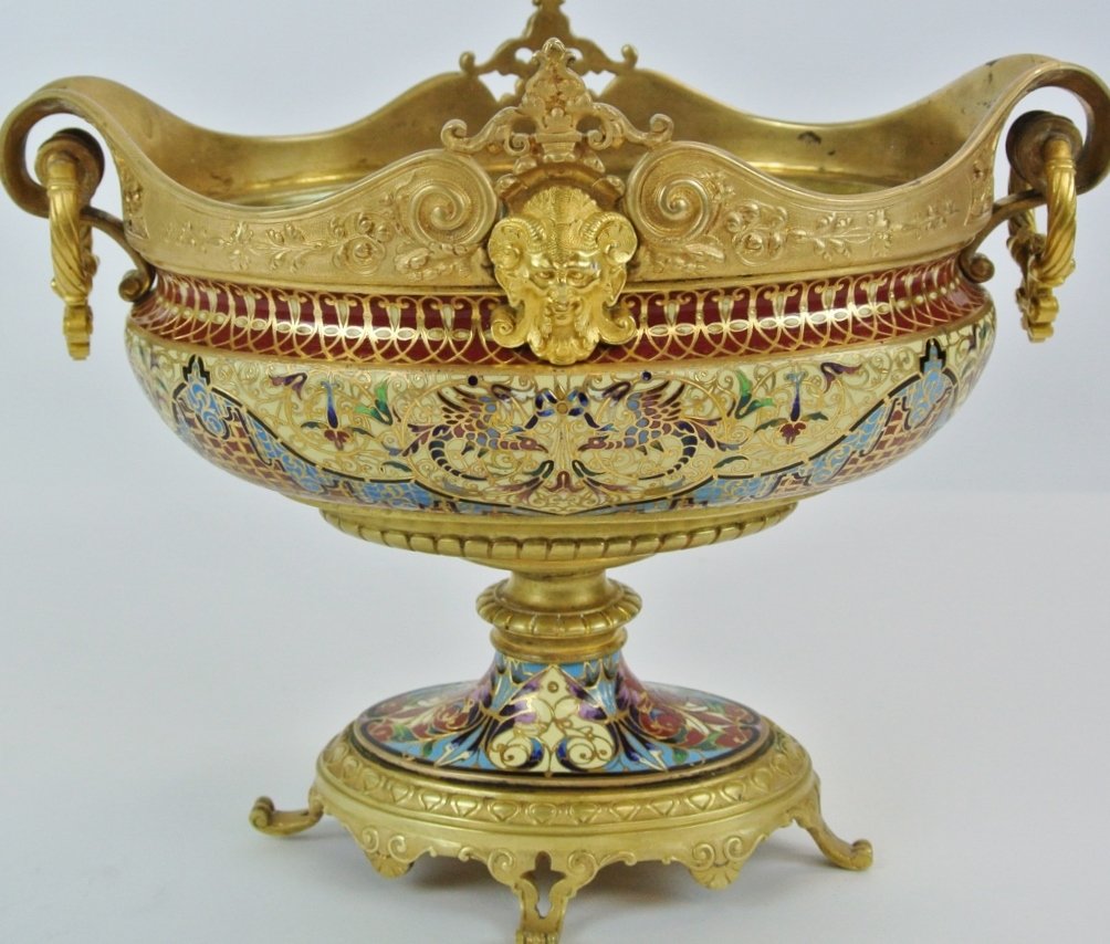A FINE FRENCH CHAMPLEVE CENTERPIECE: A 19th century, fine dore bronze and champlevé enamel centerpiece. 11" x 8" . Estimate $2200-3000