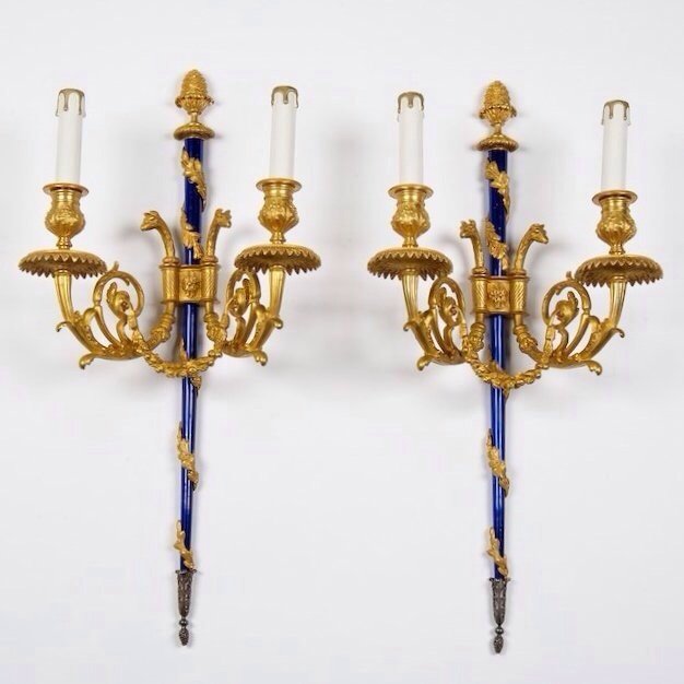 PAIR OF DORE BRONZE EMPIRE STYLE WALL SCONCES: Pair of dore bronze and enamel wall sconces, circa 1900. Size 25" H, 12" w Estimate $2000-3000