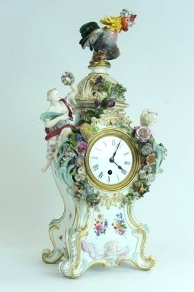 19TH CENTURY MEISSEN CLOCK: 19th century first quality MEISSEN clock, cross swords mark and incised number, circa 1880 20.5" h, 10.5" w Estimate $5000-6000