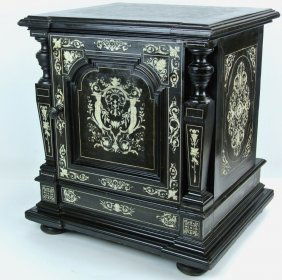 19TH CENTURY ITALIAN EBONY AND IVORY INLAID CABINET: 19Tth century Italian Ebony wood, inlaid with ivory. 19" l x 16" w x 21" h estimate $1,200-1,500