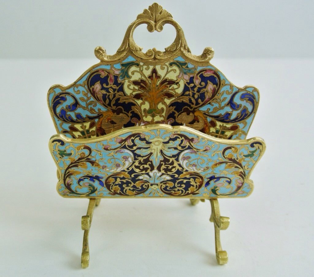 BRONZE AND CHAMPLEVE ENAMEL LETTER HOLDER: 19th century gilt bronze and Champleve enamel letter holder. Estimate $300-400