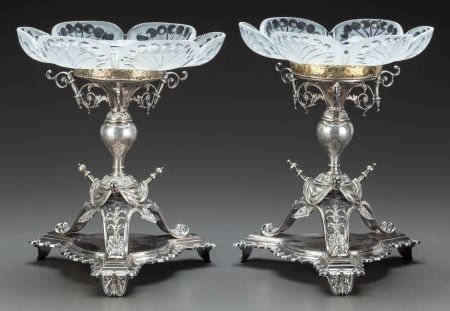 A PAIR OF VICTORIAN SILVER-PLATED AND GLASS COMPOTES: A pair of Victorian silver plated and frosted cut glass top compotes. EPNS marks, 10" h. Estimate $1000-1200