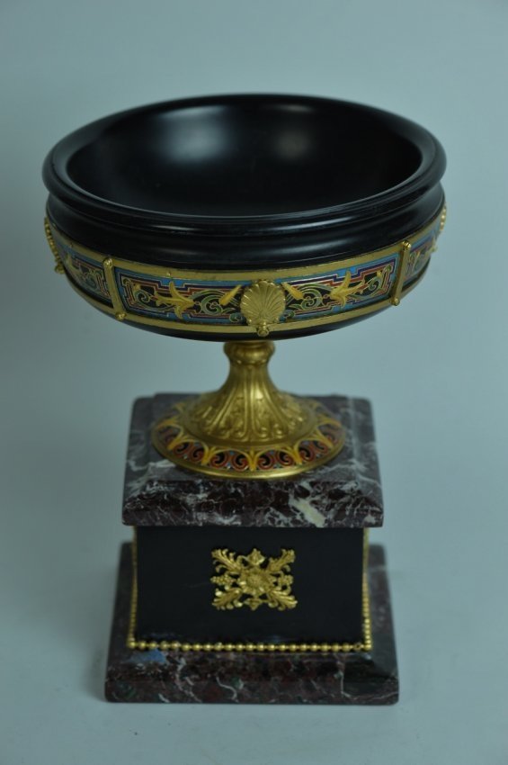 F. BARBEDIENNE CHAMPLEVE ENAMEL CENTERPIECE: A very fine champlevé enamel, bronze and marble centerpiece, signed F. BARBEDIENNE Estimate $1200-1500