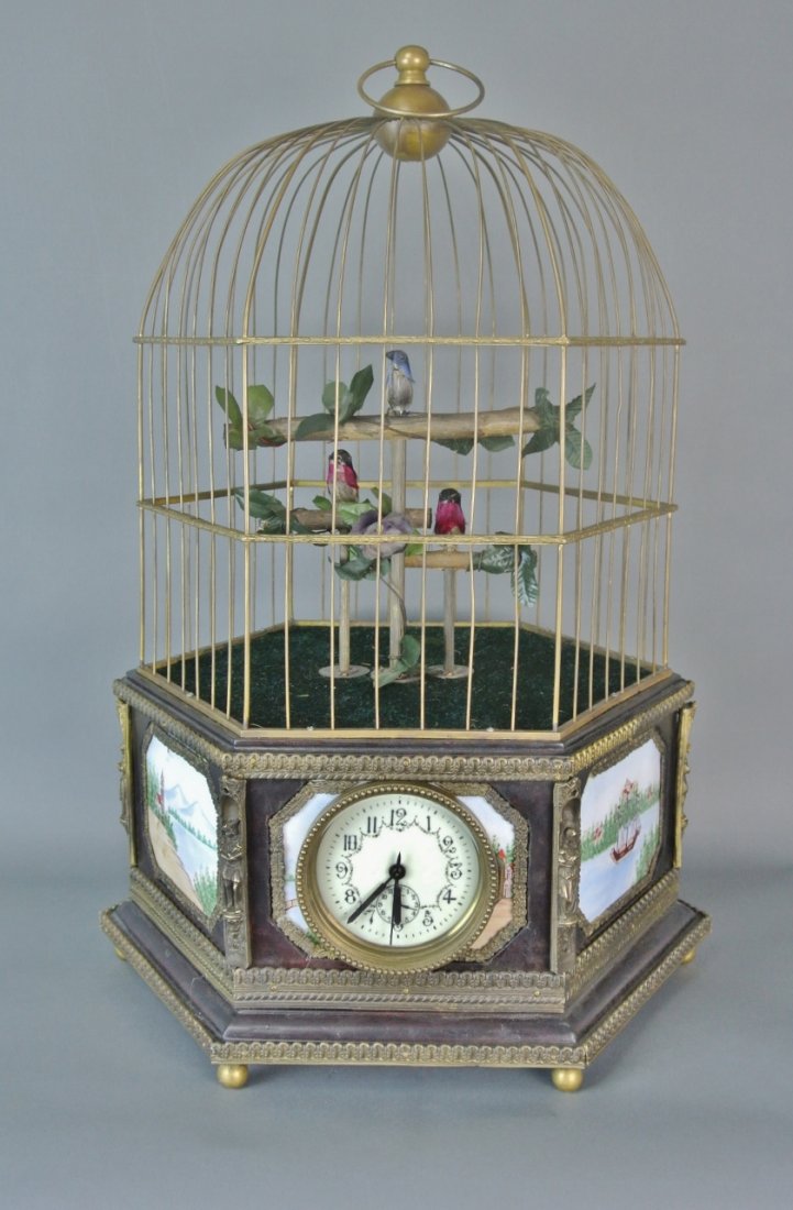 LARGE ENAMEL AUTOMATON SINGING BIRD CAGE CLOCK