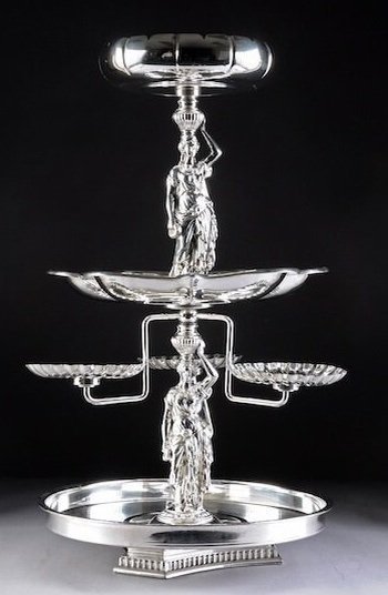 A LARGE AMERICAN SILVER PLATED CENTERPIECE: A large American silver plated centerpiece, early 20th century, 32" h Estimate $1500-2000