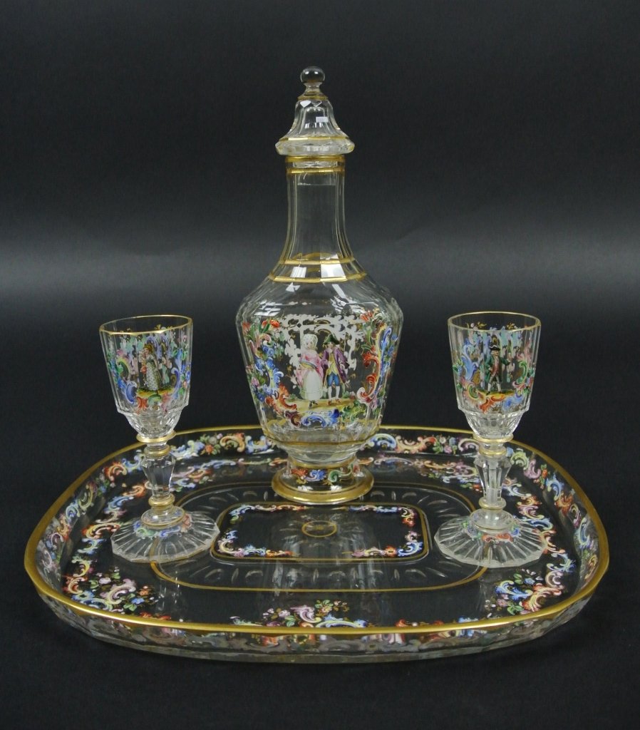 19TH CENTURY ENAMELED LOBMEYR LIQUOR SET: A very fine 19th century enameled and gilt Lobmeyr set, bottle 8.5" h, tray 9.5" x 8" , glasses 4" h. Estimate $2.000-2.500
