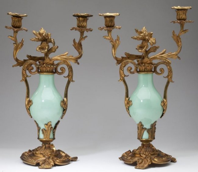 PAIR OF 19TH CENT. DORE BRONZE &PORCELAIN CANDELHOLDERS: Pair of 19th century Dore Bronze and Porcelain Candleholders composed of robin's egg blue baluster cabinet vases within elaborate gilt bronze surround of two scrolled foliate candle arms centered by f