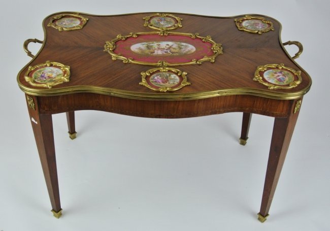 SEVRES PORCELAIN MOUNTED TABLE: SEVRES mounted side table, mahogany and ormolu mounted , circa 1920 . Estimate $2000-2.500