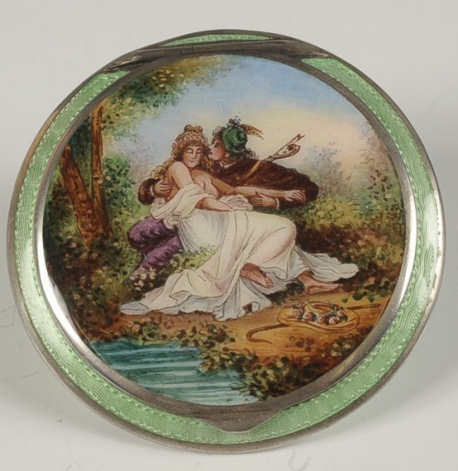 AUSTRIAN STERLING GUILLOCHE COMPACT: Green guilloche with a very finely painted courting scene on the top, framed beveled mirror in the lid,measures 2.5" diameter. Estimate $500-600