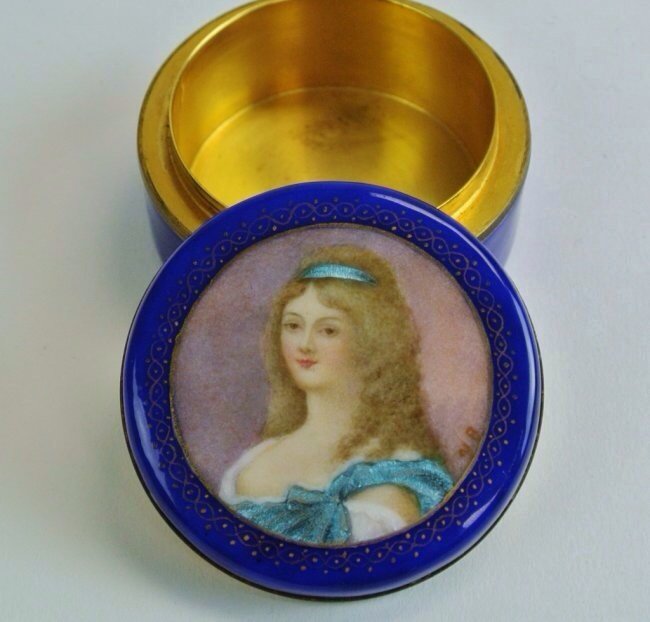 DORE BRONZE AND ENAMEL BOX: 19th century dore bronze and enamel pill box , 2" diameter. $200-250
