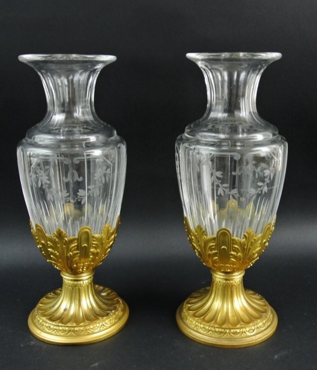 PAIR OF ETCHED GLASS AND DORE BRONZE VASES: A pair of 19th century etched glass and ormolu mounted vases, 15" h.Estimate $2.000-2.500