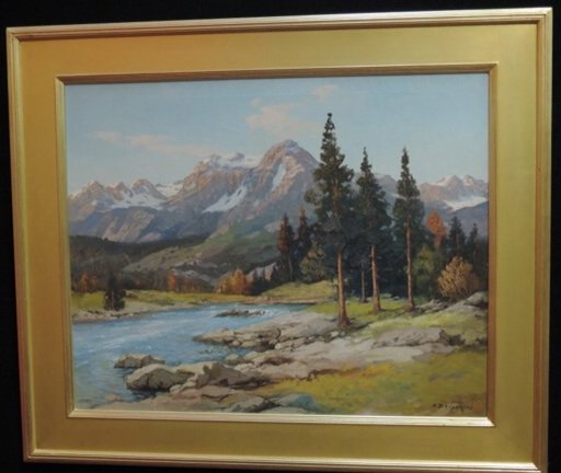 ALEXANDER DZIGURSKI: Alexander Dzigurski (1911 - 1995) :Mountain Landscape with River, Possibly Utah 24 x 30 (canvas only) oil on canvas. Mounted in a beautiful gilt frame. Fine Condition!Alexander Dzigurski traveled wide