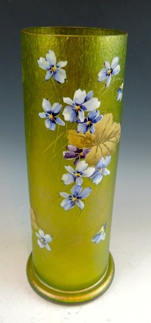 MONT JOYE ART GLASS VASE: Art Glass Vase attributed to Mont Joye! Hand Painted Enameled Flowers against a green Iridescent Glass Body! Measures: 12” X 4”.Estimate $300-400