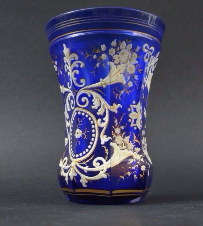 19TH CENTURY ENAMELED BOHEMIAN BEAKER: 19th century Bohemian glass beaker, enameled and gilt, 5" high, excellent condition. . .Estimate $400-500