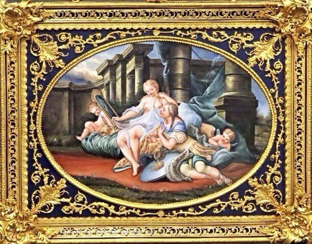 A LARGE KPM STYLE PORCELAIN PLAQUE WITH GILT FRAME: A very fine hand painted KPM style porcelain plaque inset in a very ornate gilt bronze frame , measures 32"x25".Estimate $1.500-2.000
