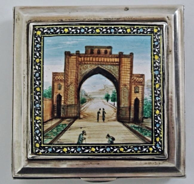 PERSIAN SILVER AND ENAMEL BOX: A 20th century Persian silver and enamel box, marked 84 and makers mark, 224 gram, 25 x 8 x 8 cmEstimate $500-600